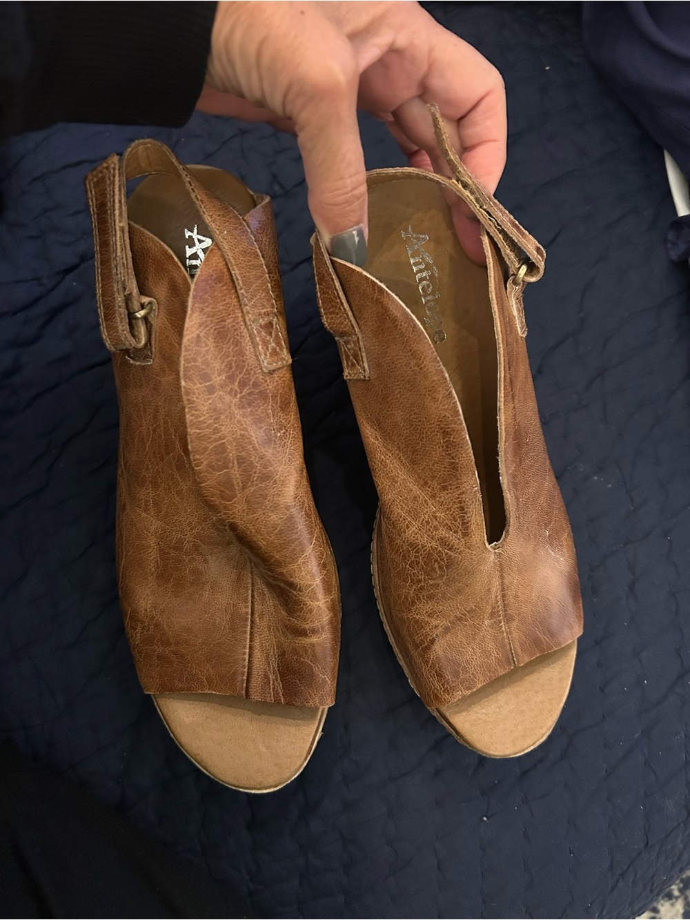 Antelope Brown Leather Open-Toe Slingback wedge Sandals